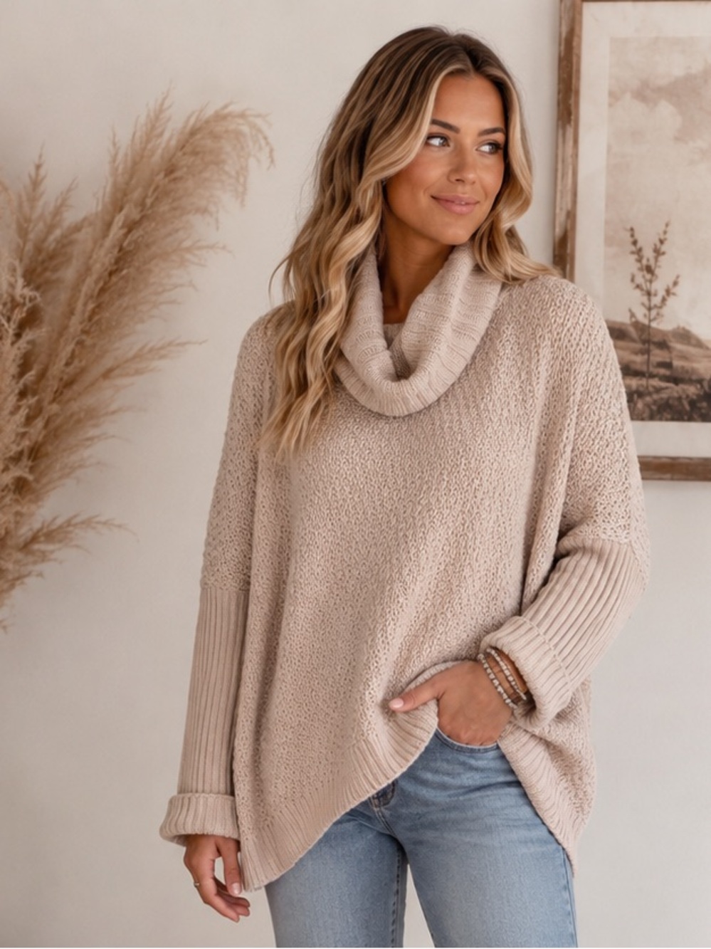 Anthropologie Doe & Rae Oversized Cowl Neck Sweater in Taupe